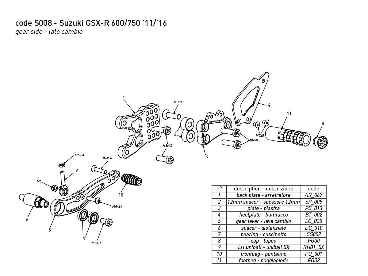 BONAMICI RACING Állítható lábtartó szett SUZUKI GSX-R 600 / 750 2011-2017